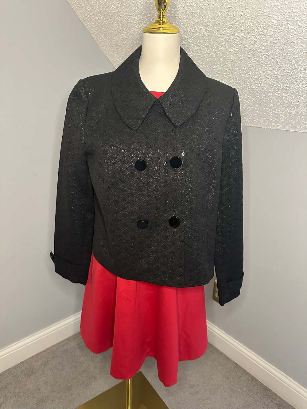 EUC Covington Double Breasted Jacket Sz L Black Textured Metallic Shimmer Dots